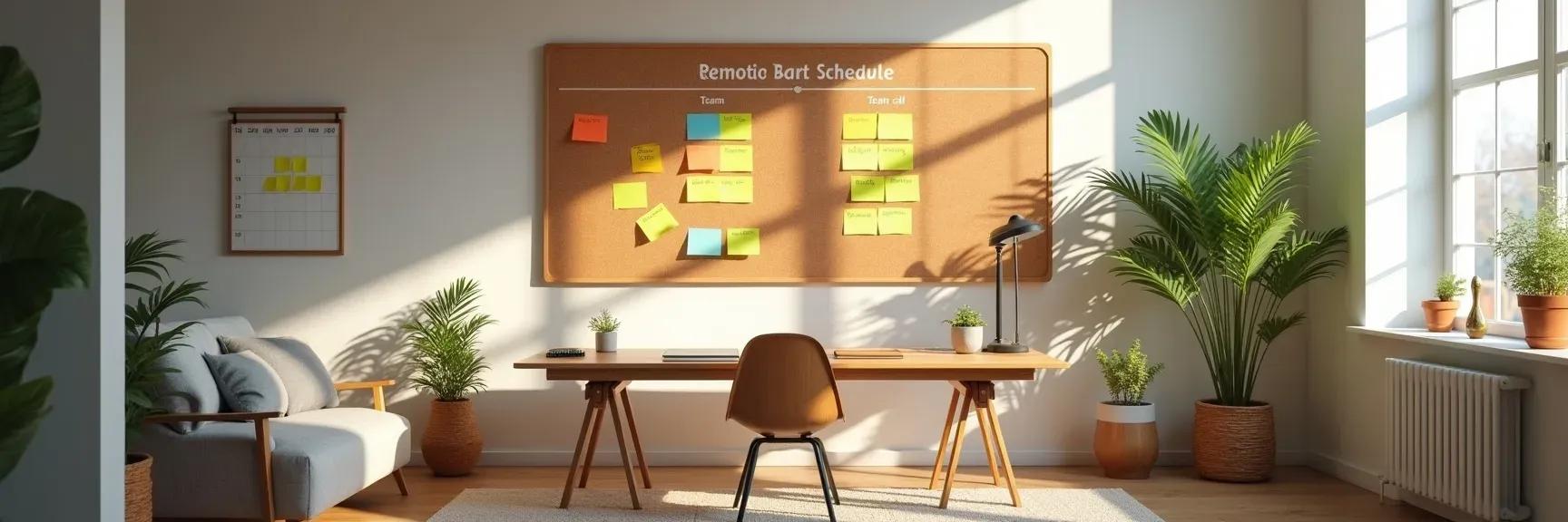 A flexible home workspace showing a visual schedule, standing desk, and focus-time setup — representing balanced, remote-first work life.