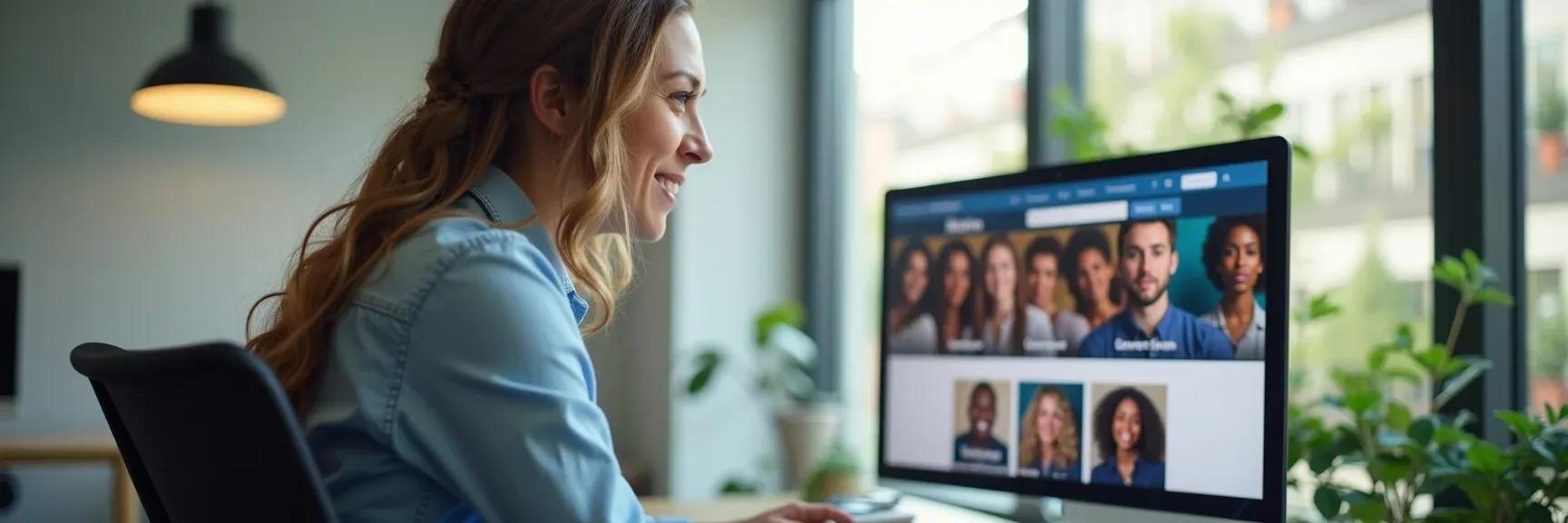 A hiring manager reviewing CVs in a modern workspace, with their company’s employer brand clearly visible on the screen behind them.