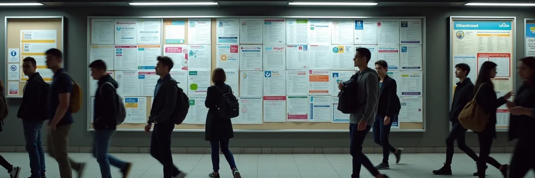 A job board in a public space filled with job flyers and ads, showing the variety and fast pace of today’s job market.