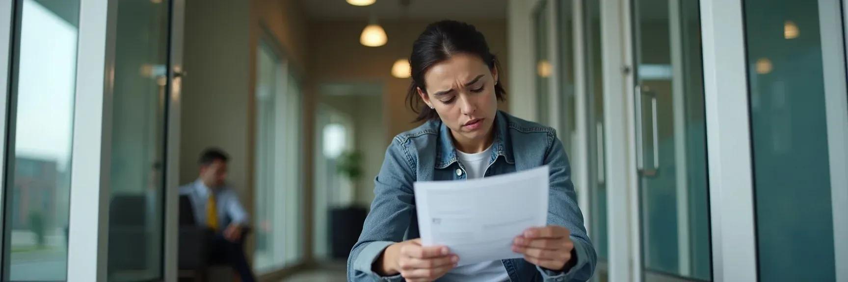 A job seeker preparing for an interview while waiting outside a modern office room, holding a printed CV.