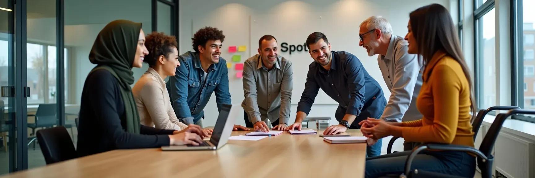 A team of people from diverse backgrounds collaborating in an open, inclusive workspace, representing Spotajob’s DEI commitment.