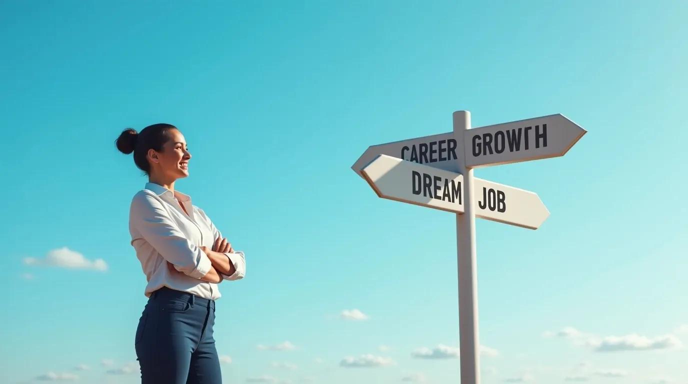 Confident young job seeker standing at a crossroads with signs pointing to Career Growth and Dream Job under a bright sky, symbolizing career tips for 2025.