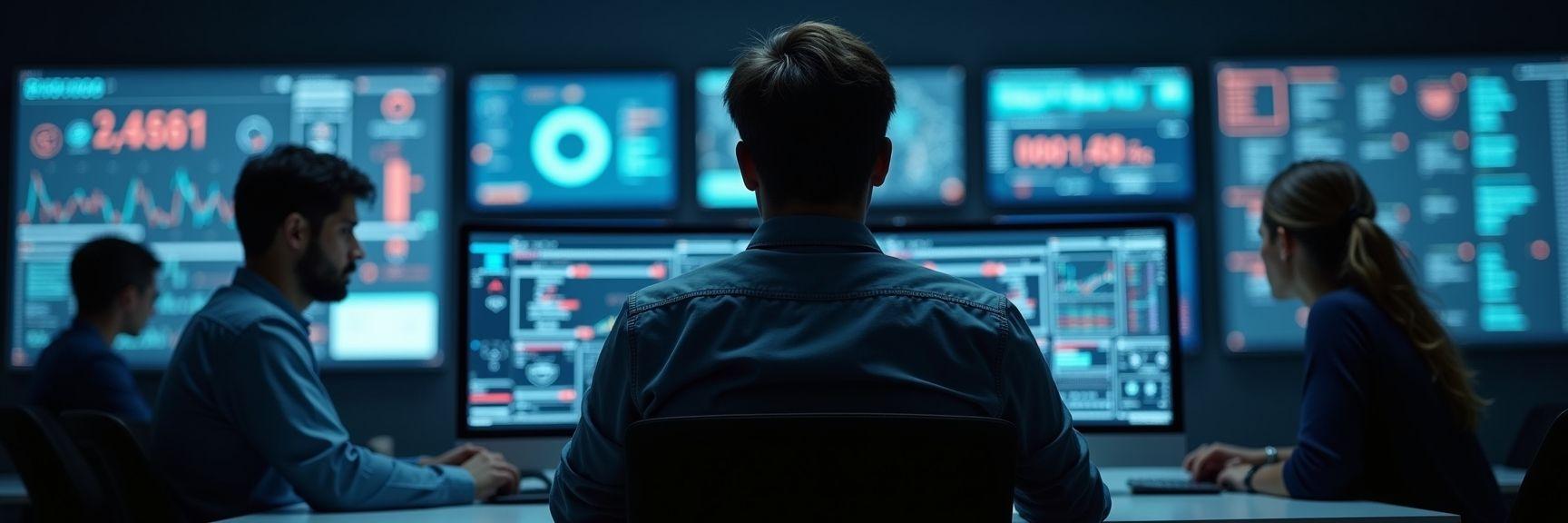 Cybersecurity analyst monitoring threat dashboards in a security operations center, reflecting the growing demand for digital protection roles.