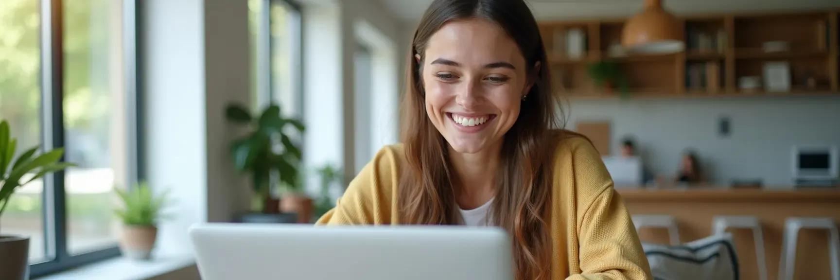 Job seeker smiling at a laptop displaying a job offer through Spotajob, symbolizing a successful and human job search experience.