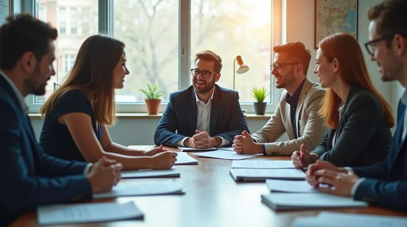 Recruiters discussing smart hiring strategies and recruitment jobs opportunities around a modern office meeting table.