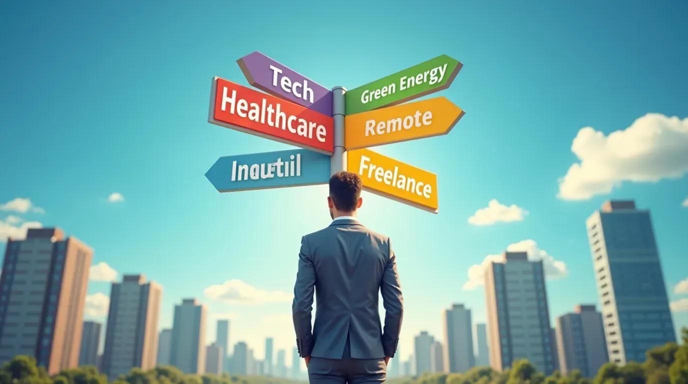 Young professional choosing a career path at a futuristic crossroads with signs pointing to tech, healthcare, green energy, and remote work industries, under a bright sky, symbolizing career opportunities in 2025.