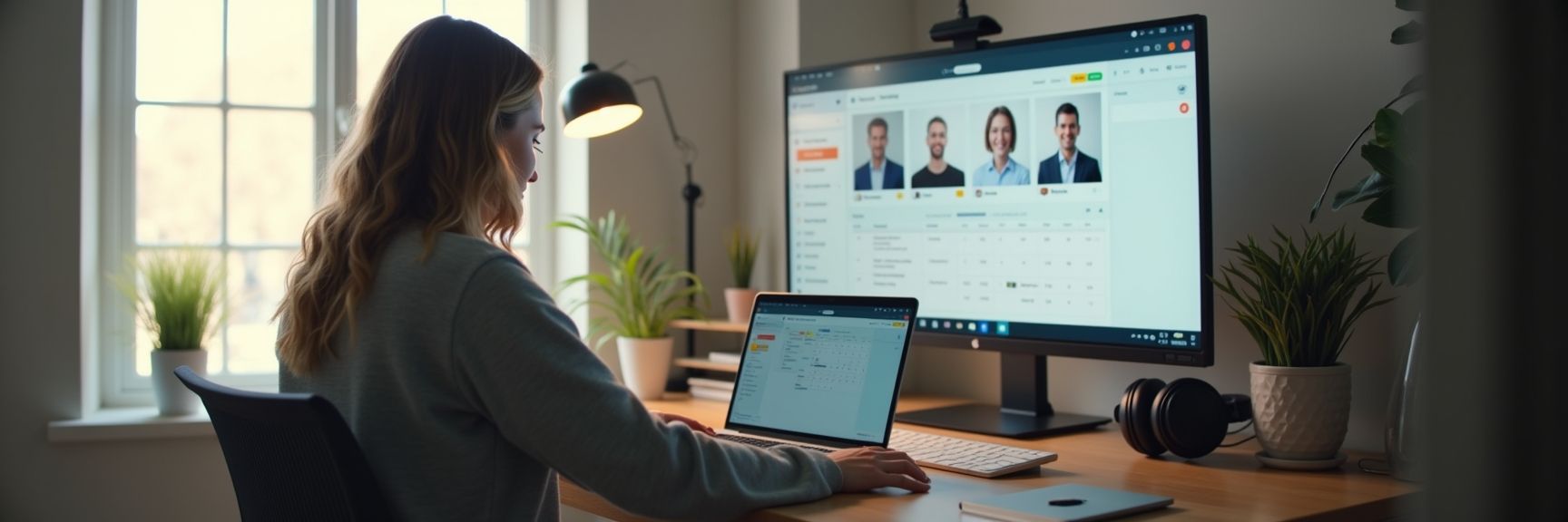 A hybrid worker balancing remote and office work with digital tools and structured routines.