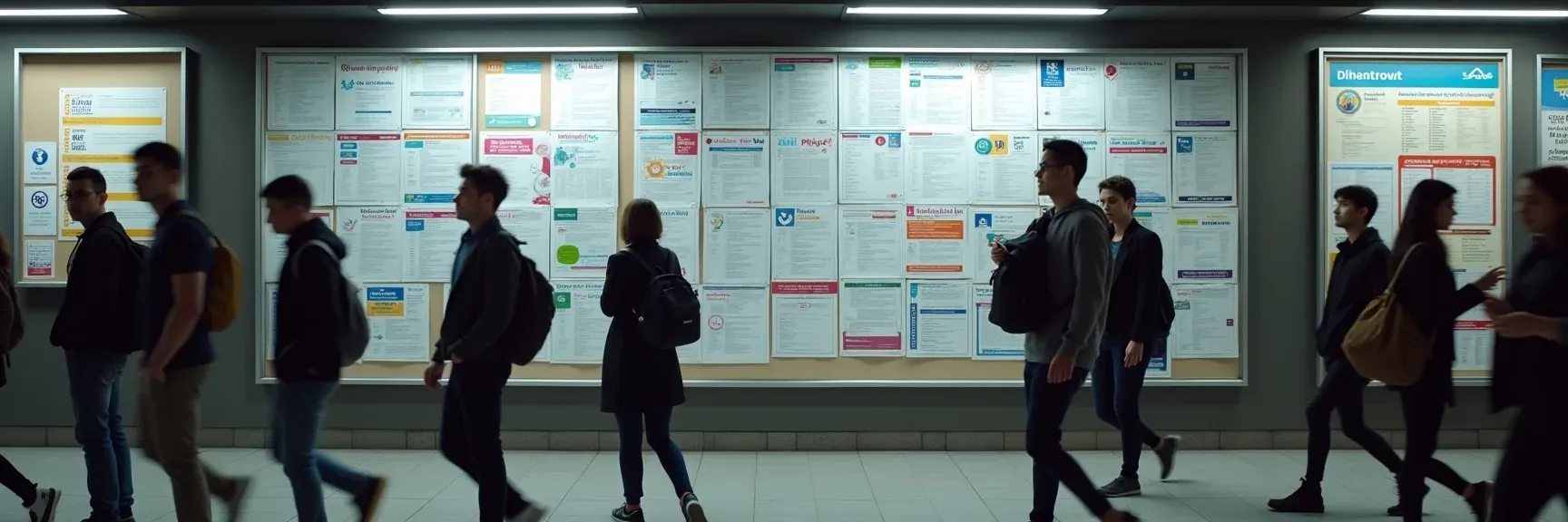 A job board in a public space filled with job flyers and ads, showing the variety and fast pace of today’s job market.