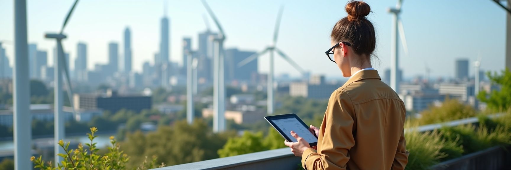 A professional exploring sustainability job opportunities in a green city powered by wind and solar energy.